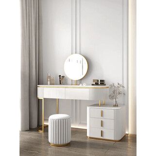 Toaletka z pufą i lustrem MEGAN - biały/złoty